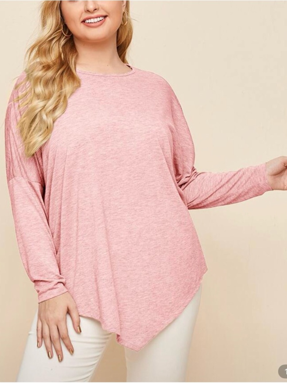 Relaxed Asymmetric Hem Long Sleeve Top - Pink